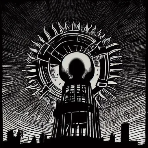 Image similar to The sun setting on a skull, with a looming tower in the distance. Dark Fantasy, Film Noir, Black and White. High Contrast, Mike Mignola, D&D, OSR