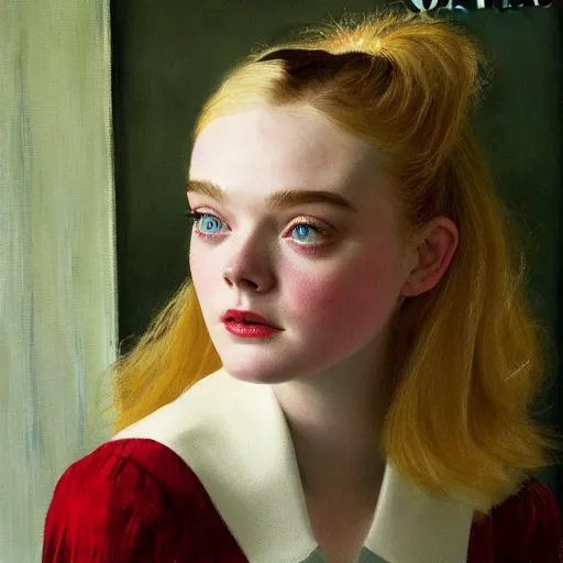 Prompt: Elle Fanning at night, stormy weather, extremely detailed masterpiece, oil on canvas, by Norman Rockwell and Peter Ruben,