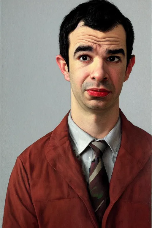 Prompt: a closer personal portrait of nathan fielder with very piercing eyes, very charismatic. dynamic shadows, hyper realistic, masterpiece, dark. painted by norman rockwell and james gurney
