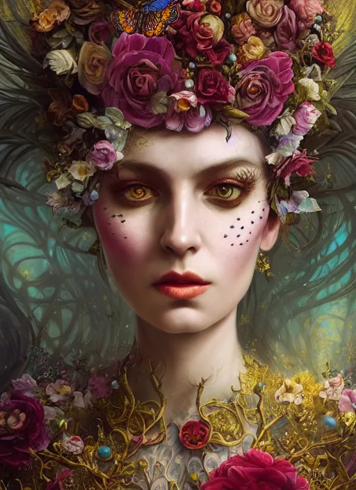 Image similar to portrait of the queen of the underworld, surrounded by flowers by karol bak, james jean, tom bagshaw, rococo, detailed eyes, trending on artstation, cinematic lighting, hyper realism, octane render, 8 k, hyper detailed.