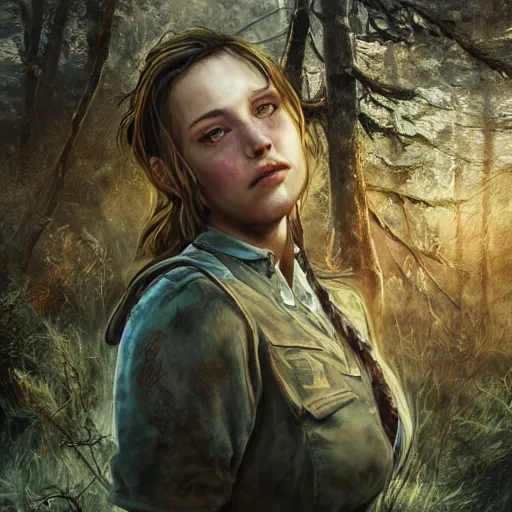 Image similar to fallout 5, charismatic beautiful rugged female scavenger, portrait, outdoors forest campsite, atmospheric lighting, painted, intricate, volumetric lighting, beautiful, daytime, springtime, slight overcast, sharp focus, deep colours, ultra detailed, by leesha hannigan, ross tran, thierry doizon, kai carpenter, ignacio fernandez rios