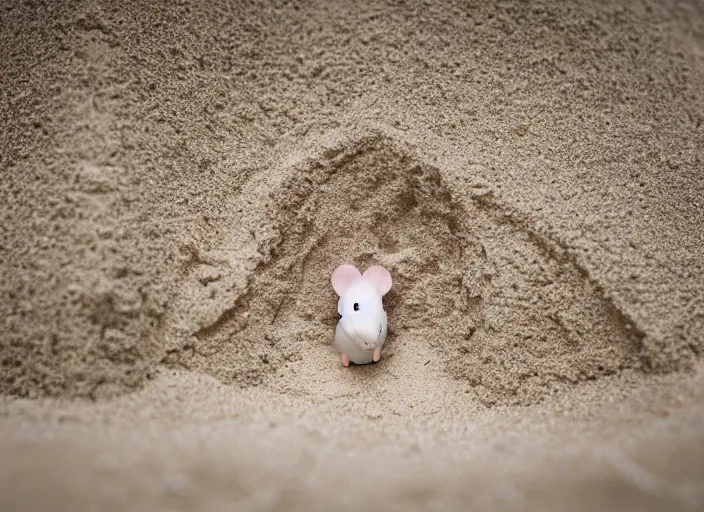 Image similar to dslr photo still of a little white mouse inside an intricate sand castle on wet sand in a bright sunny day, 8 k, 8 5 mm f 1. 4