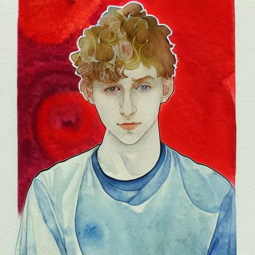 Image similar to abstract experimental watercolor drawing of a young cute handsome beautiful androgynous strawberry blond medium curly hair man in his early 2 0 s wearing a blank maroon t - shirt with grey - blue eyes, by elizabeth peyton and alphonse mucha and vincent van gogh, trending on artstation