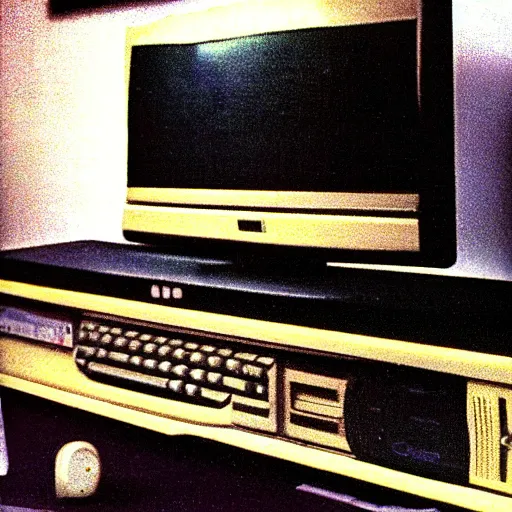 Image similar to slightly blurry and grainy photographic proof of a 8 0 s 8 bit homecomputer and peripherals and tv monitor that never was released tp the public.