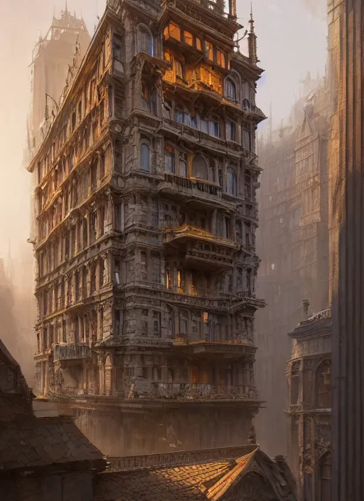 Image similar to a building with a very complicated architecture by peter kuczia, very detailed, intricate details, complimentary colors, perfect lighting, perfect composition, aesthetic, masterpiece, award winning, artstation, darek zabrocki, greg rutkowski, artgerm, 4 k