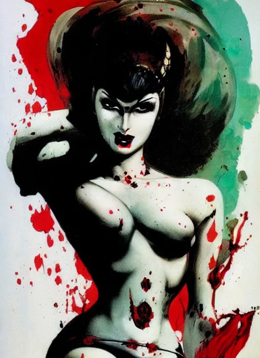 Image similar to portrait of bald iranian vampiress, strong line, saturated color, beautiful! coherent! by frank frazetta, high contrast, blood splatter background