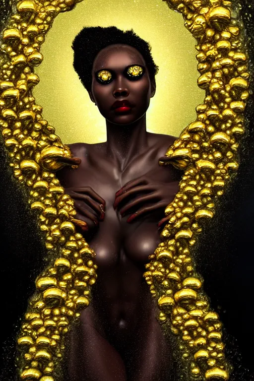 Image similar to hyperrealistic neo rococo cinematic very expressive! black oshun goddess, open eyes, body in water, mirror dripping droplet!, gold flowers, highly detailed face, digital art masterpiece, smooth eric zener cam de leon dramatic pearlescent teal light, ground angle uhd 8 k, sharp focus