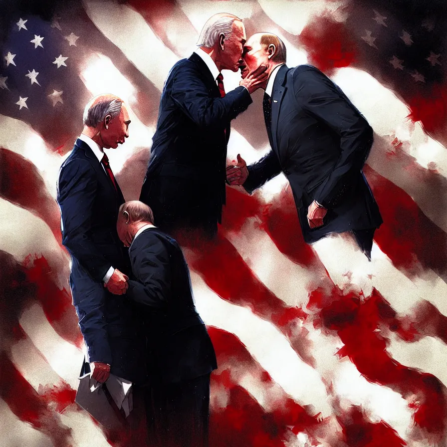 Image similar to putin kisses biden, detailed digital art by greg rutkowski.