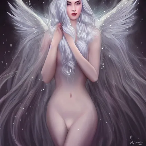 Image similar to Attractive young female ice angel, beautiful long white hair, wearing ice crystals, intricate, highly detailed, elegant, digital painting, trending on artstation