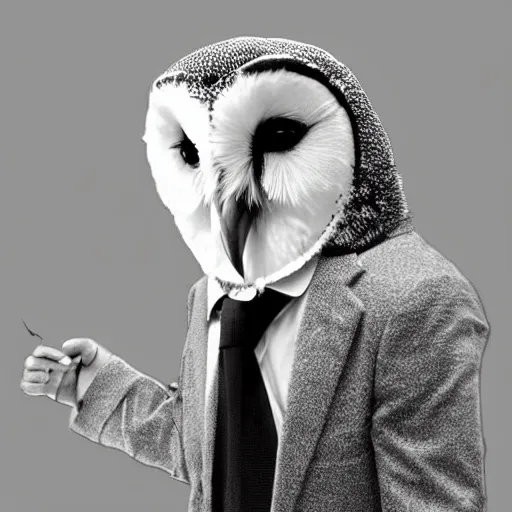 Image similar to anthropomorphic barn owl with a cute suit and neck - tie, digital art, black and white feathers