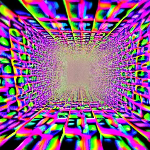 Image similar to a psychedelic fourth dimensional hypercube made of infinity mirrors