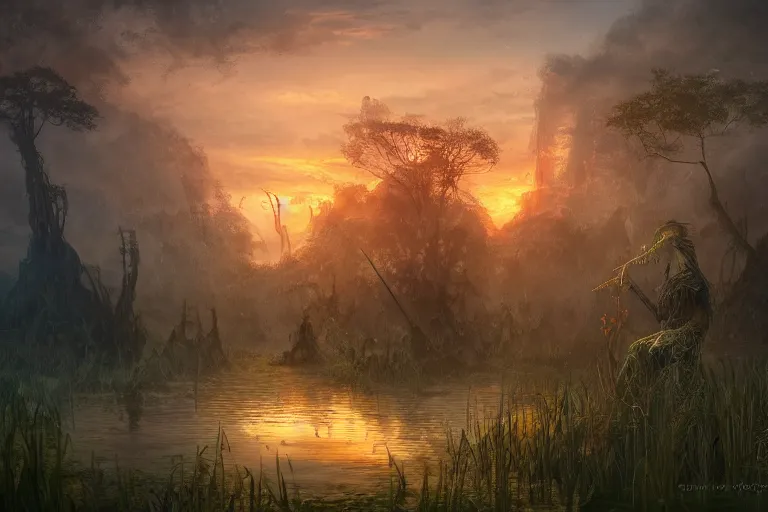 Prompt: fantasy painting, dungeons and dragons, a faerie village, swamp reeds wetland marsh sunset estuary, with ominous shadows, an egret by jessica rossier and brian froud cinematic painting