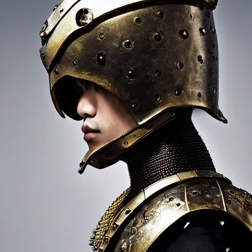 Prompt: a portrait of a beautiful young japanese male wearing an alexander mcqueen armor , photographed by andrew thomas huang, artistic