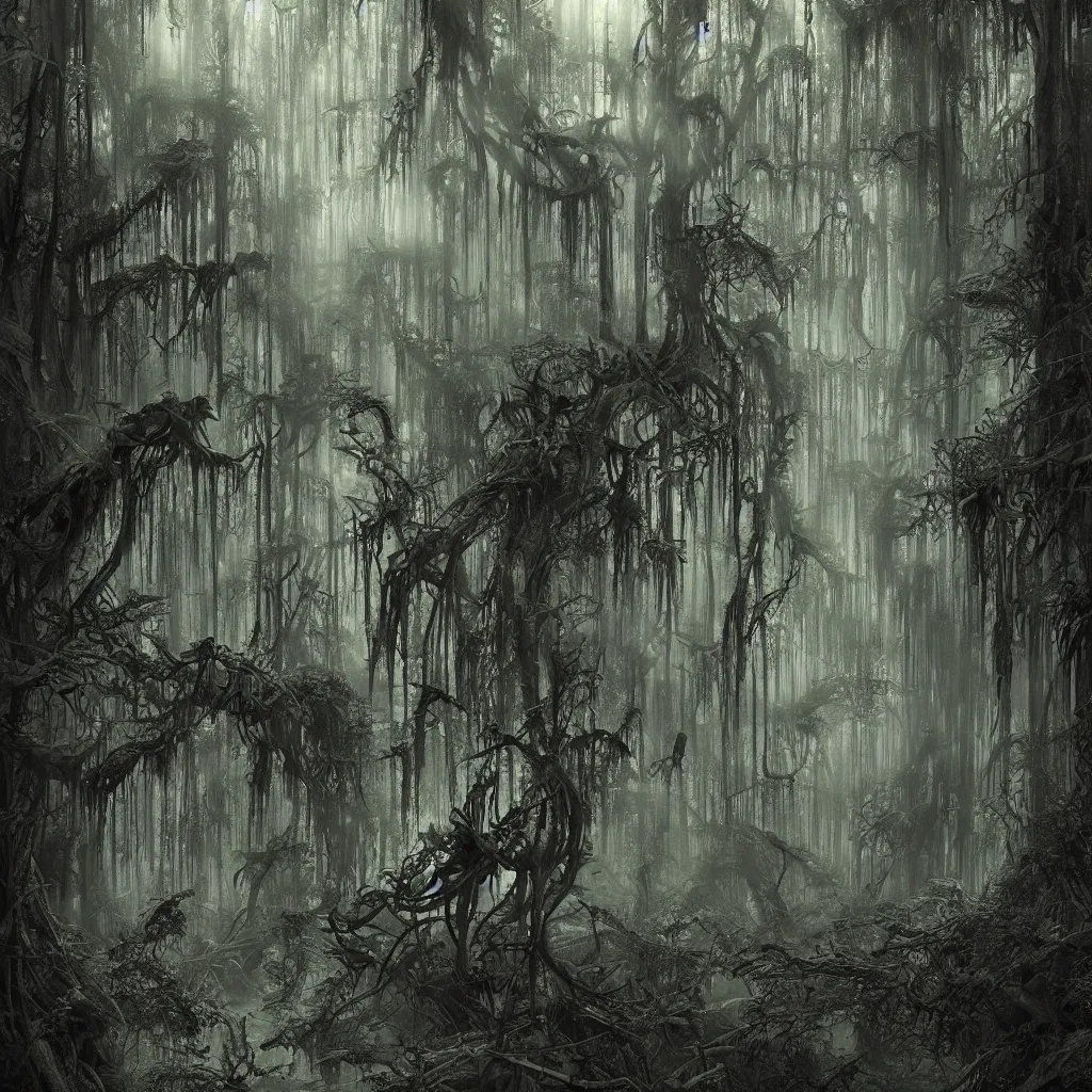 Prompt: a dark haunted swampy jungle forest at midnight, upward cinematic angle, thick mist, by Bernie Wrightston, Bill Sienkiewicz and Rodney Matthews, ghostly low light, stunning composition, intricate, elegant, digital art, hyperdetailed, full color mixed media painting, hyperrealistic, sharp focus, 8k