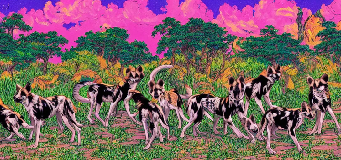 Image similar to pack of african wild dogs near a watering hole, painted by studio ghibli studio matako Lisa Frank with psychedelic colors