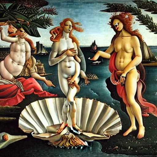 Image similar to oil painting by sandro botticelli of the birth of venus but with a black, brown and white corgi dog instead of venus standing on the scallop shell.