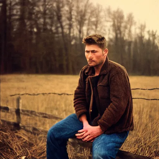 Prompt: medium shot portrait bust of jensen ackles sitting on fence, tired expression, faded color film, russian cinema, mario testino, tarkovsky, technicolor, heavy forest, wood cabin in distance, shallow depth of field, long brown hair, old clothing, heavy fog, brown color palette, sunset, low light, hudson river school, 4 k, dramatic lighting