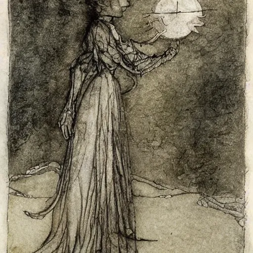 Prompt: by arthur rackham bleak. a kinetic sculpture beauty & mystery of the woman sitting before us. enigmatic smile & gaze invite us into her world, & we cannot help but be drawn in. soft features & delicate way she is dressed make her almost ethereal. landscape distance & mystery. what secrets this woman holds.