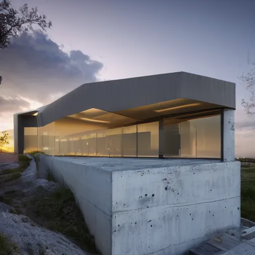 Image similar to extremely detailed non-Euclidean stunning sophisticated beautiful house, stunning volumetric light, sunset, concrete and translucent material, stunning skied, 8k