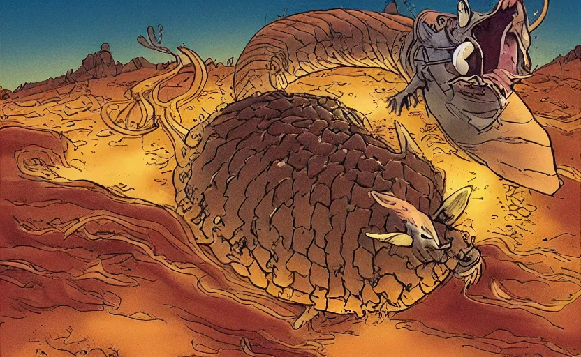 Image similar to incredible eye catching comic panel showing a desert mouse riding a sandworm of the deep desert