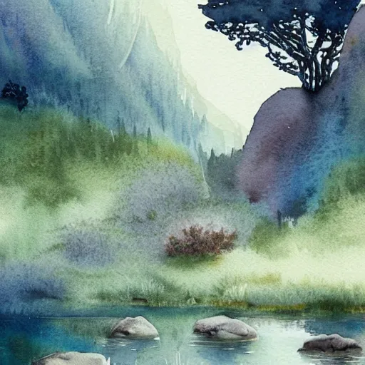 Image similar to beautiful natural scene filled with happy picturesque charming organic sci - fi pod homes. water, trees and rocks. beautiful light. grainy and rough. soft colour scheme. beautiful artistic detailed watercolor by lurid. ( 2 0 2 2 )