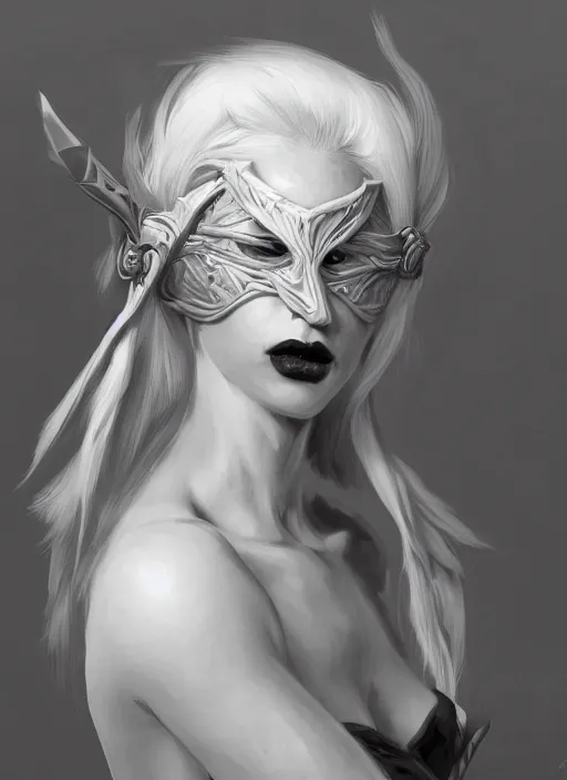 Image similar to a highly detailed illustration of white haired pale lady wearing black blindfold, dramatic standing pose, intricate, elegant, highly detailed, centered, digital painting, artstation, concept art, smooth, sharp focus, league of legends concept art, wlop