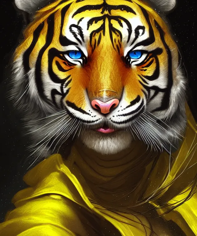 Image similar to anthropomorphic female Tiger, irish origin, sci-fi, bright blue eyes, face, black and yellow hair, fantasy, LSD Dream Emulator, intricate, elegant, new york alleyway, moonlit, highly detailed, digital painting, artstation, concept art, smooth, sharp focus, illustration, art by artgerm and greg rutkowski and alphonse mucha