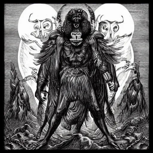 Image similar to mandrill descending from heaven, in the style of deathspell omega's fas album cover, illustration, detailed