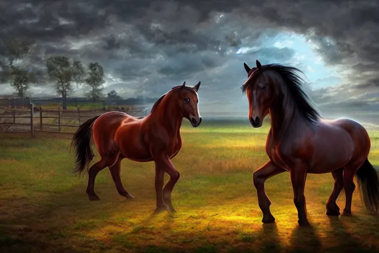 Image similar to A horse attempting to solve a jigsaw puzzle!!!, looking confused, cinematic lighting, evening light, stables, digital painting, volumetric light, concept art, trending on artstation