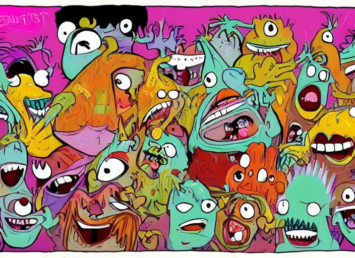 Image similar to aaahh!!! real monsters messy food fight, detailed facial expressions