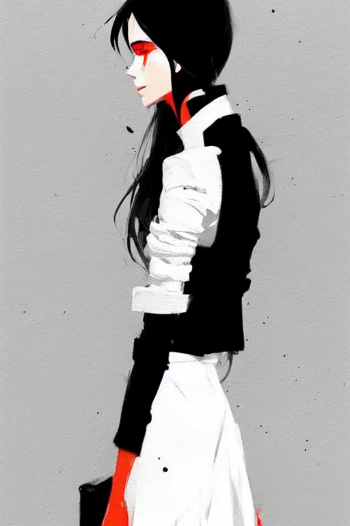 Image similar to a ultradetailed painting of a stylish woman wearing a white jacket with black skirt, by conrad roset, greg rutkowski and makoto shinkai trending on artstation