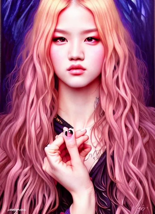 Image similar to jossi of blackpink, king, tarot card, highly detailed, digital painting, smooth, sharp focus, illustration, ultra realistic, 8 k, art by artgerm and alphonse mucha