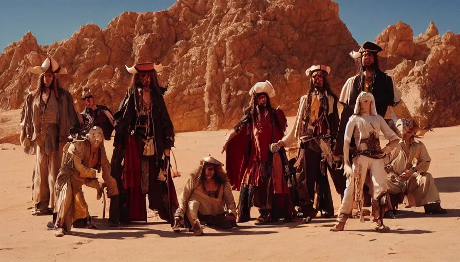 Prompt: movie still by alejandro jodorowsky of a pirate ship strange crew in the desert, cinestill 8 0 0 t eastmancolor technicolor, high quality, very detailed, heavy grain, fine facial features, 8 k, octane render