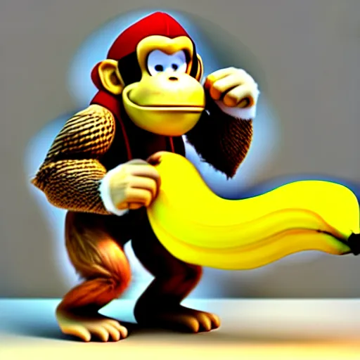 Image similar to Donkey Kong. A banana on the ground, Donkey Kong is standing on the banana. 3D render