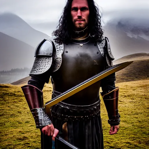 Prompt: a long shot, high quality dslr photo of a tall and muscular man with long black hair in authentic 1 4 th - century armor standing holding a claymore sword. tough and stoic looking. dramatic and cinematic lighting. golden hour. foggy and atmospheric. ben nevis the scottish mountain is in the background. epic and heroic tone. editorial award winning photograph.