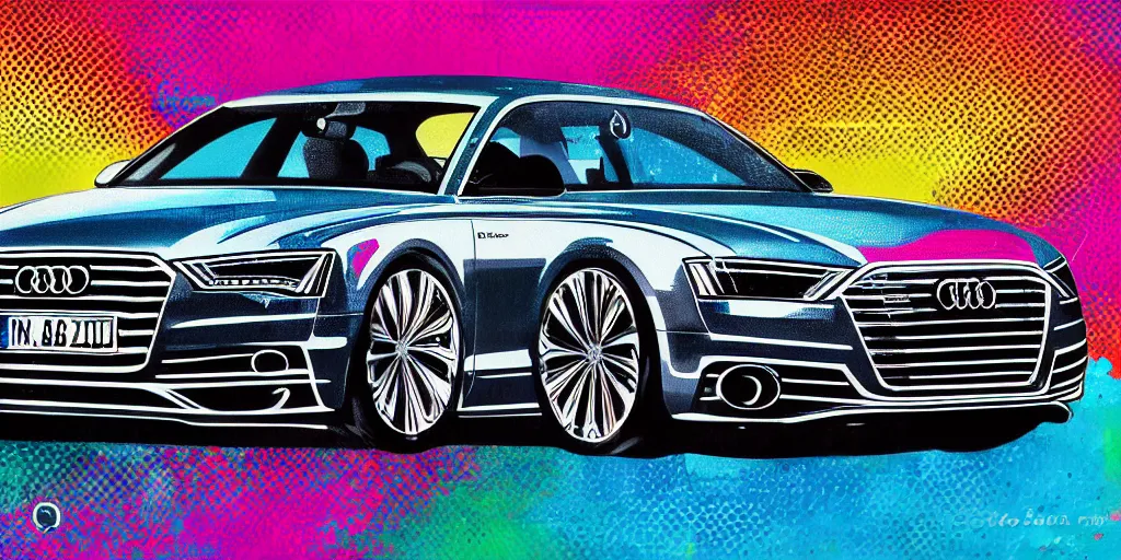 Image similar to audi a 8 pop art painting, rtx, raytracing, 8 k, highly detailed, sharp colors,