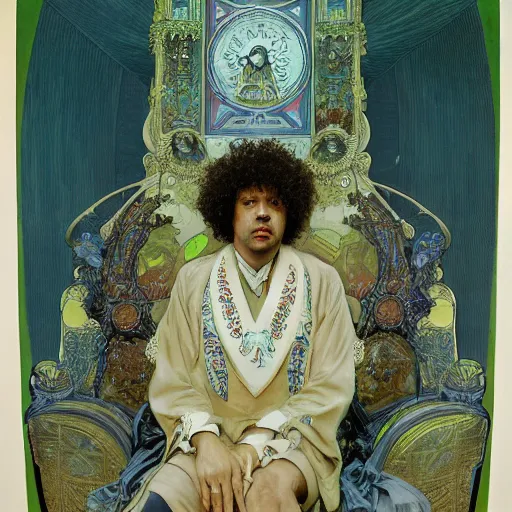 Image similar to richard ayoade sits on his throne as ruler of countdown, oil on canvas, by alphonse mucha, gustave dore, zdzislaw beksinski