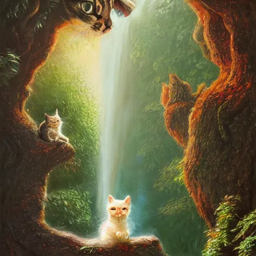 Image similar to painting of one kitten in the enchanted forest standing on the steps and watching the waterfall, fantasy, intricate, extremely detailed, face enhance, matte, featured in artstation, art by louis wain, greg rutkowski