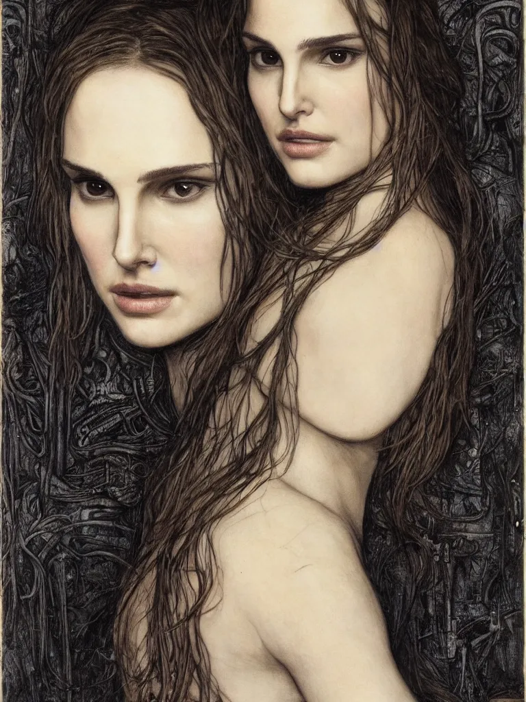 Image similar to a beautiful portrait of natalie portman by h.r. giger and by arthur rackham and by john william waterhouse, detailed, proportional, trending on art station, 4k