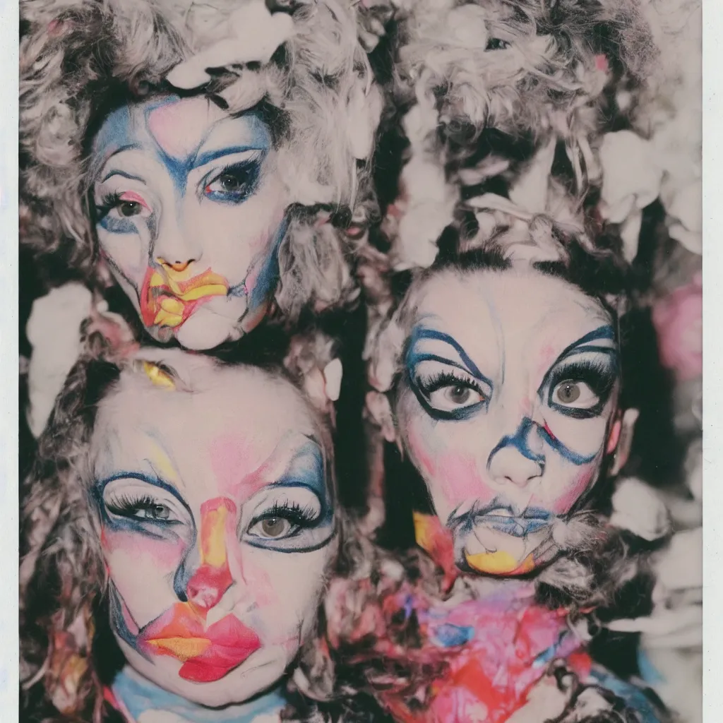 Image similar to a funny person wearing exaggerated makeup and colorful oversized garments, terrifyingly symmetrical face, full body portrait, at a birthday party, polaroid