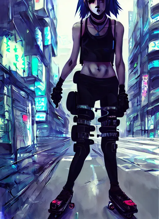 Image similar to hyper - realistic cyberpunk anime woman wearing inline skate, tokyo street, extreme detail, good face, model, concept art, in style of yoji shinkawa, pan ren wei, col price, atey ghailan, by greg rutkowski, aesthetic