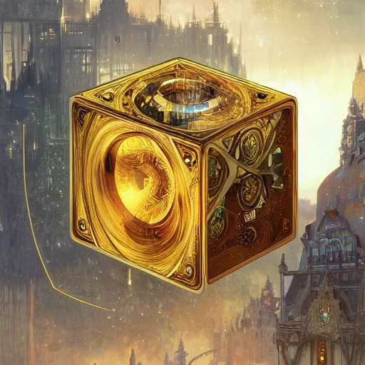 Image similar to hyper realistic golden quantum computer in the shape of a giant cube the size of a city , art by artery and Greg Rutkowski and alphonse mucha, sci-fi, fantasy, intricate, ornate, very very intimidating , highly detailed, digital painting, artstation, concept art, smooth, sharp focus, illustration