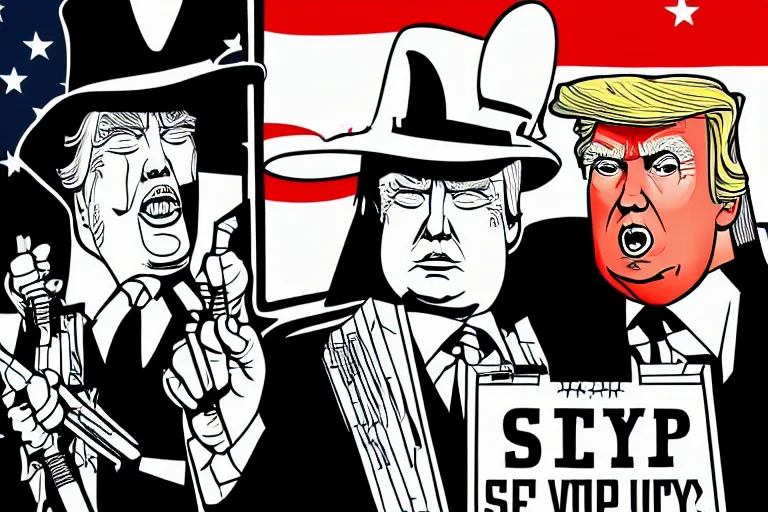 Image similar to 2 d poster illlustration donald trump and donald trump wearing trenchcoats and black spy hats and stacks of boxes for the movie spy vs spy