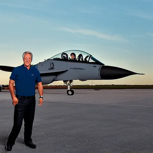 Prompt: happy jeffrey epstein, wearing a dark blue polo shirt, standing near fighter jet on an empty runway at dusk, high detail, volumetric lights, award winning photo