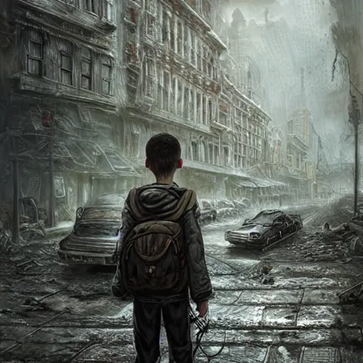 Prompt: a boy in apocalyptic zombie city, lovecraftian horror!, surrealism, fantasy, intricate, elegant, highly detailed, digital painting, realistic shading, cinematic composition, hdr, photorealistic, 3 5 mm film, concept art, artstation, matte, sharp focus, illustration, art by greg rutkowski and kadinski