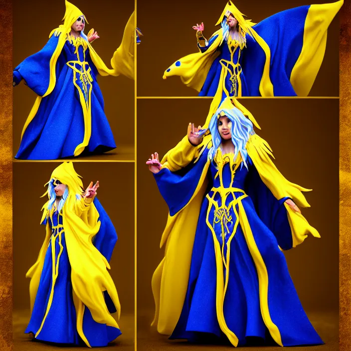 Image similar to photograph of a real - life beautiful!! elemental lightning witch with ornate yellow and blue robes. extremely detailed. 8 k