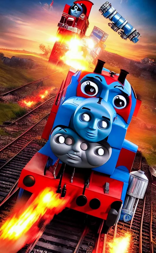 Image similar to thomas the tank engine vs. optimus prime : big revenge : coming soon to theaters, epic cinematic poster, realistic, photo, photorealistic, detailed, high quality, high resolution, 8 k, hdr, 4 k