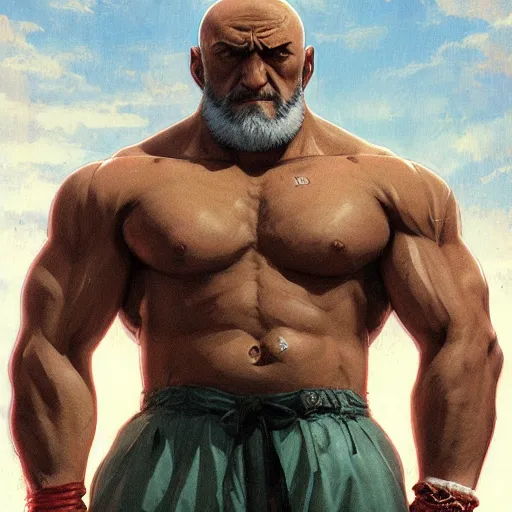 Prompt: mike ehrmantraut as sagat street fighter, portrait, 4 k, ultra realistic, detailed focused art by artgerm and greg rutkowski and alphonse mucha