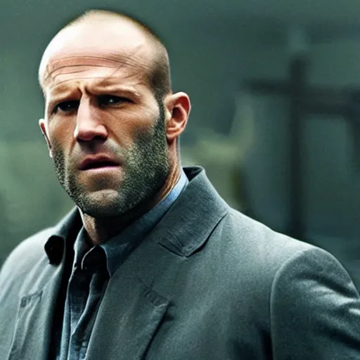 Image similar to an film still of jason statham with long white hair and long beard, cinematic, dramatic action