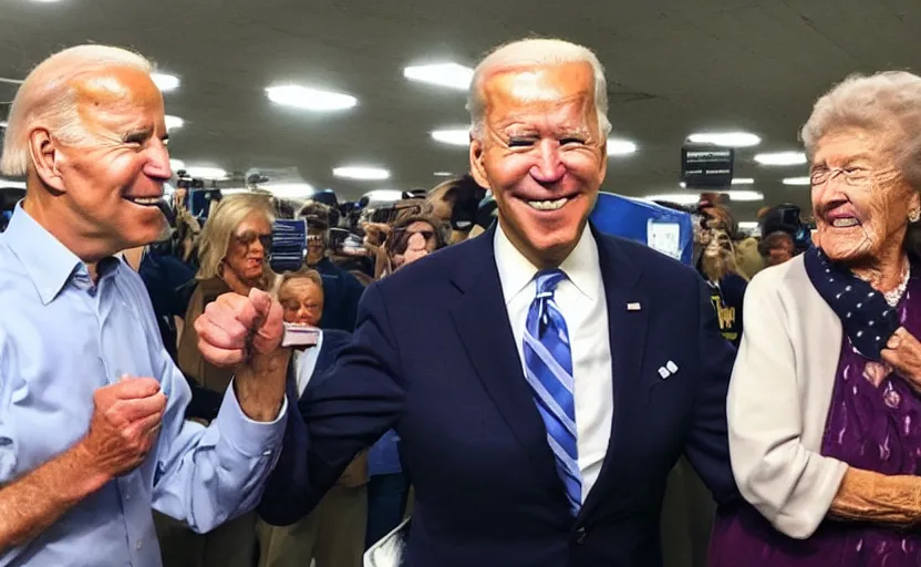 Image similar to low quality footage of joe biden slapping my grandma and running away, back camera, walmart parking lot, camera flash is so bright, uncomfortable, viral, leaked footage, viral on twitter, viral on instagram, viral photo